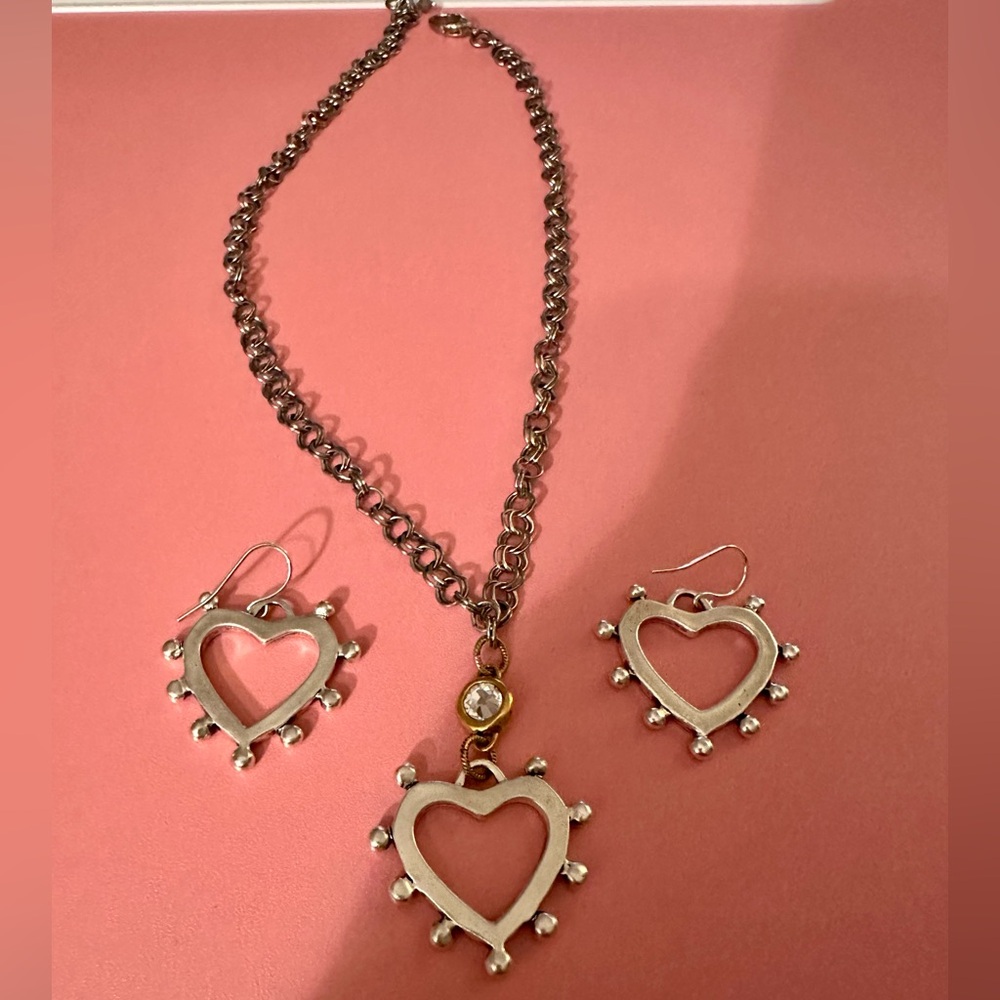 Blue Eyed Horse Jenny Set Silver Heart Pendant Necklace and Earrings Set NWOT